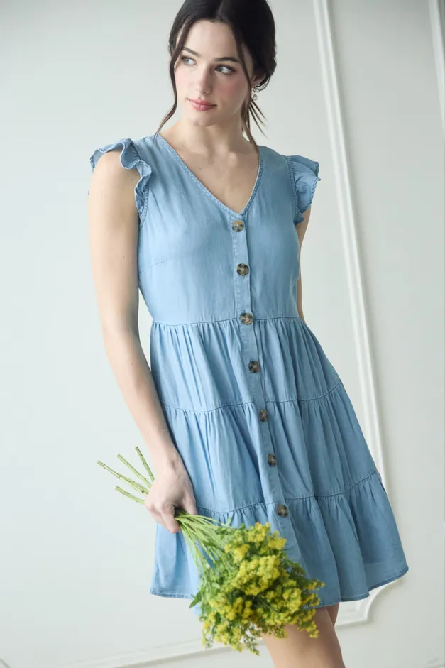 CHAMBRAY BUTTON DOWN TIERED MINI DRESS sold by Blu Pepper