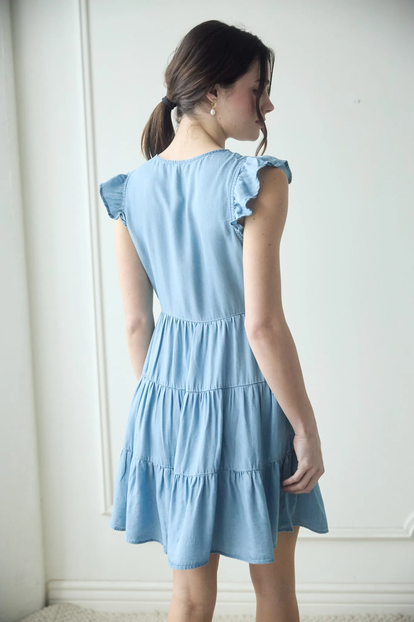 CHAMBRAY BUTTON DOWN TIERED MINI DRESS sold by Blu Pepper product image thumbnail 2