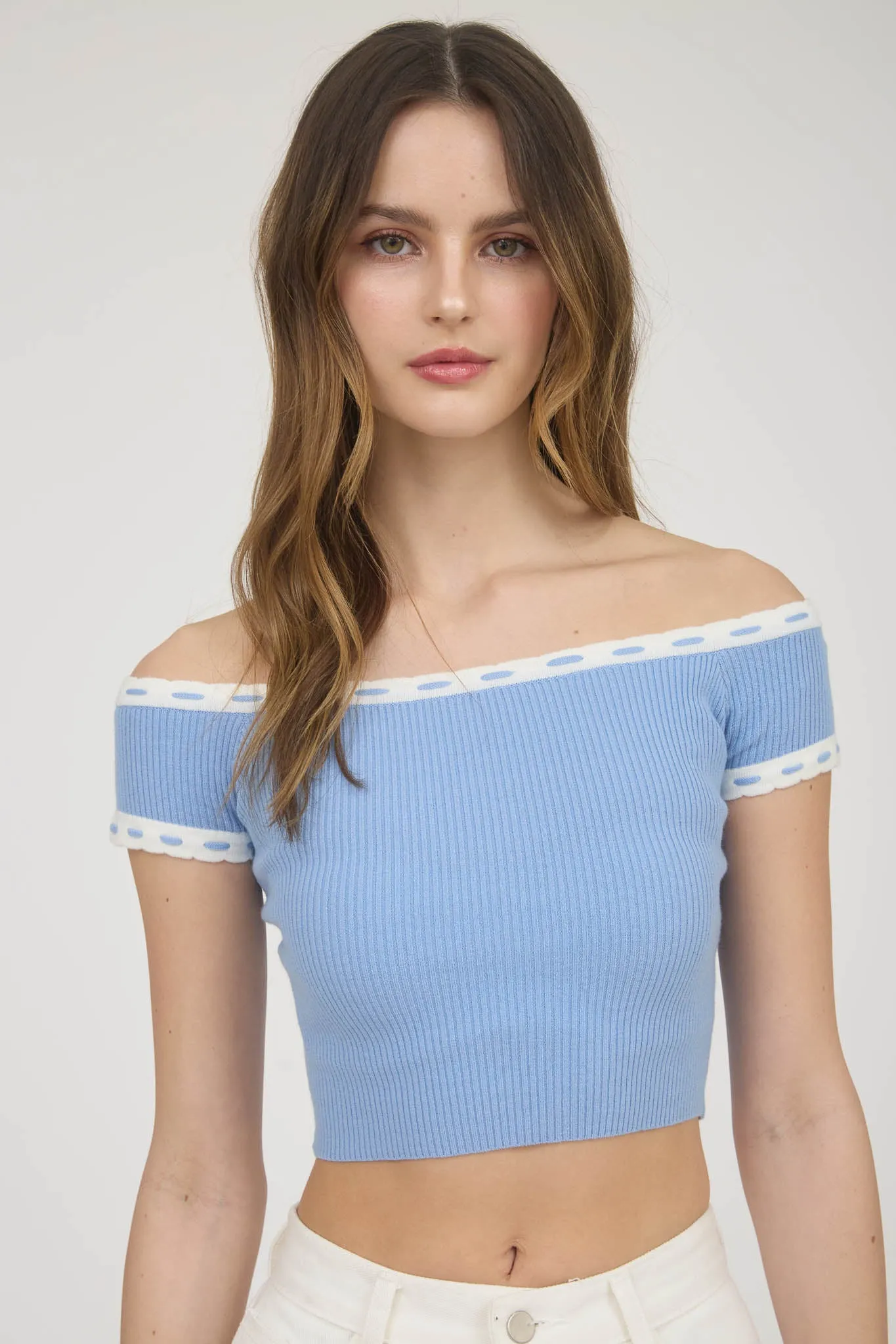 CONTRAST TRIM OFF THE SHOULDER SWEATER KNIT TOP sold by Blu Pepper product image thumbnail 5