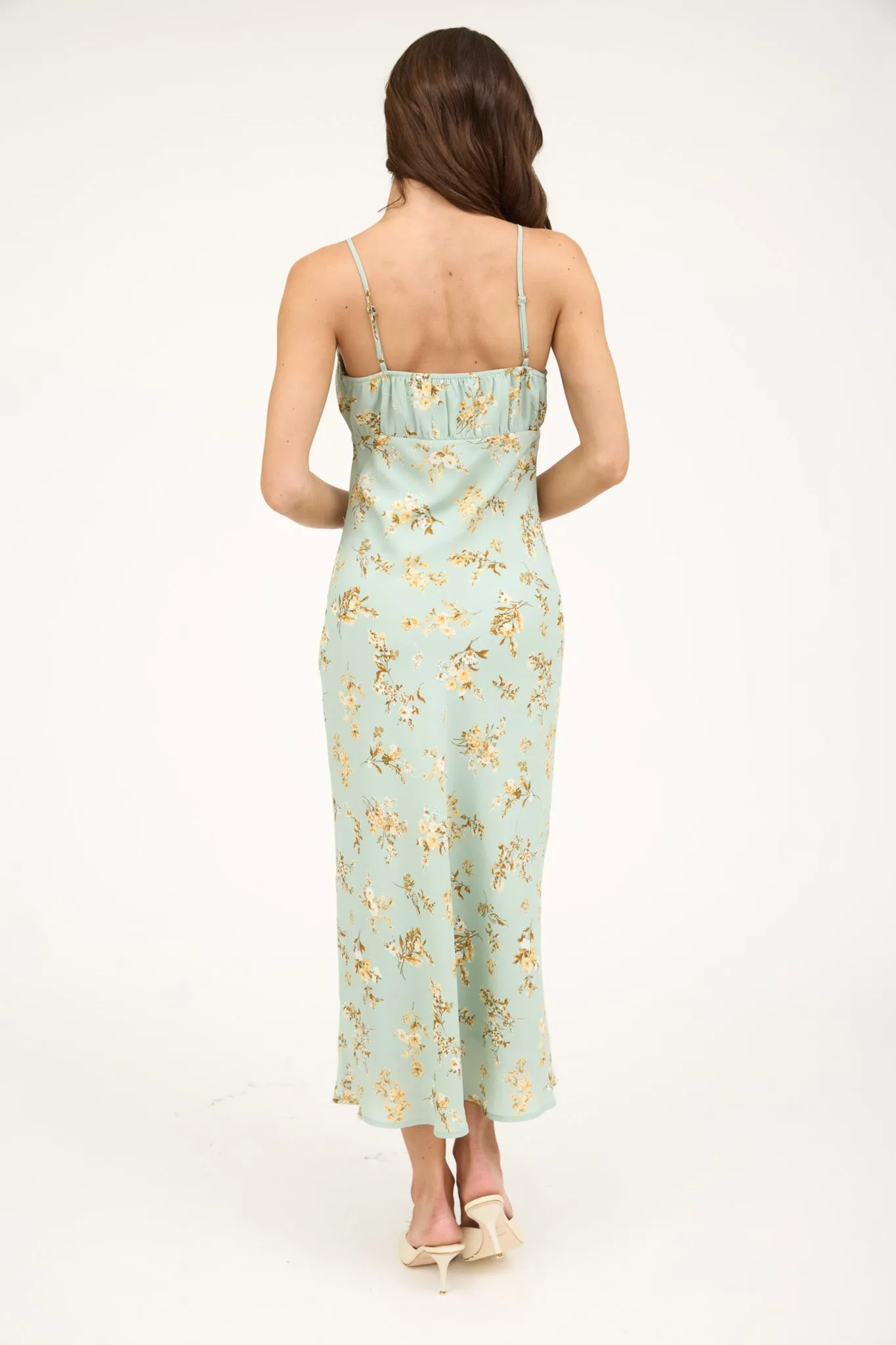 FLORAL SPAGHETTI STRAP DRAWSTRING FRONT MIDI DRESS sold by Blu Pepper product image thumbnail 2