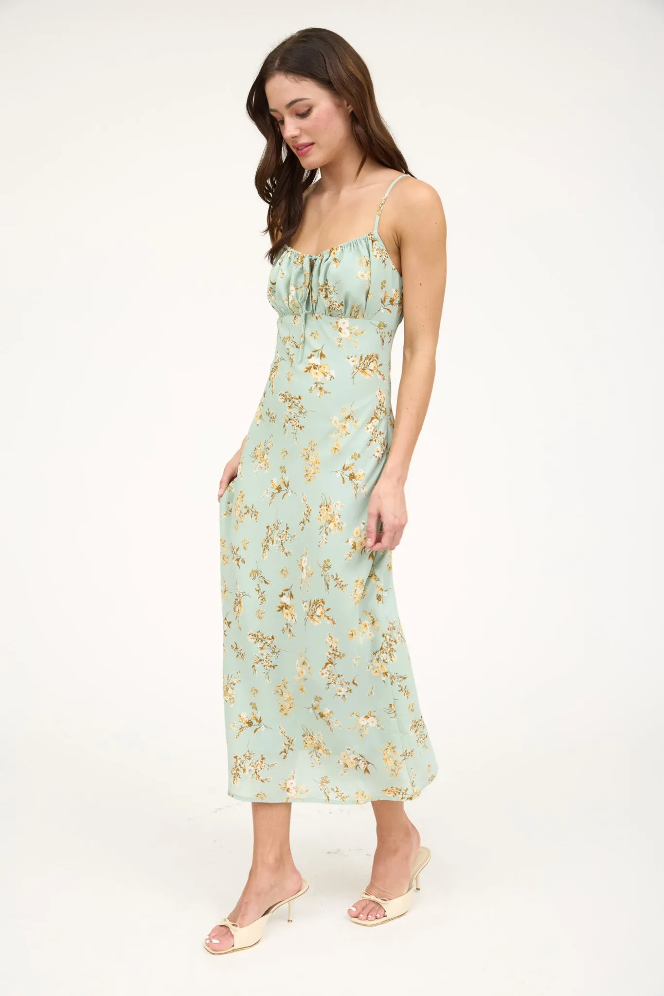 FLORAL SPAGHETTI STRAP DRAWSTRING FRONT MIDI DRESS sold by Blu Pepper product image thumbnail 3
