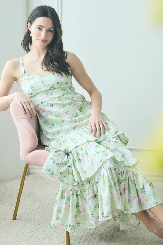 FLORAL SLEEVELESS RUFFLE TIERED HEM MIDI DRESS sold by Blu Pepper