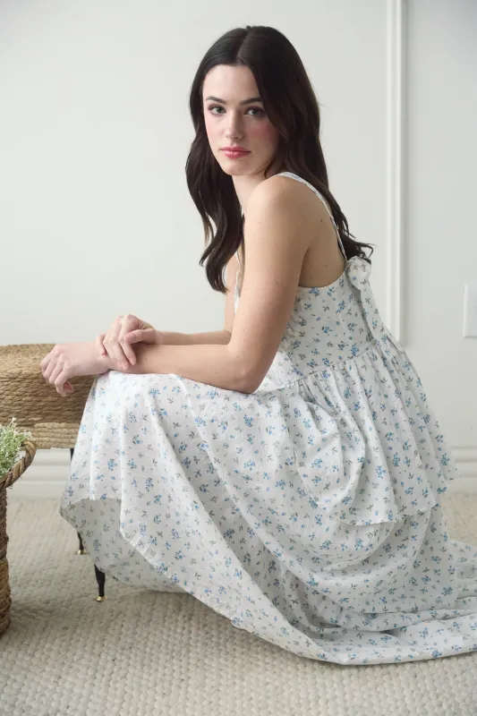 FLORAL SLEEVELESS CORSET RUFFLE TIERED MIDI DRESS sold by Blu Pepper