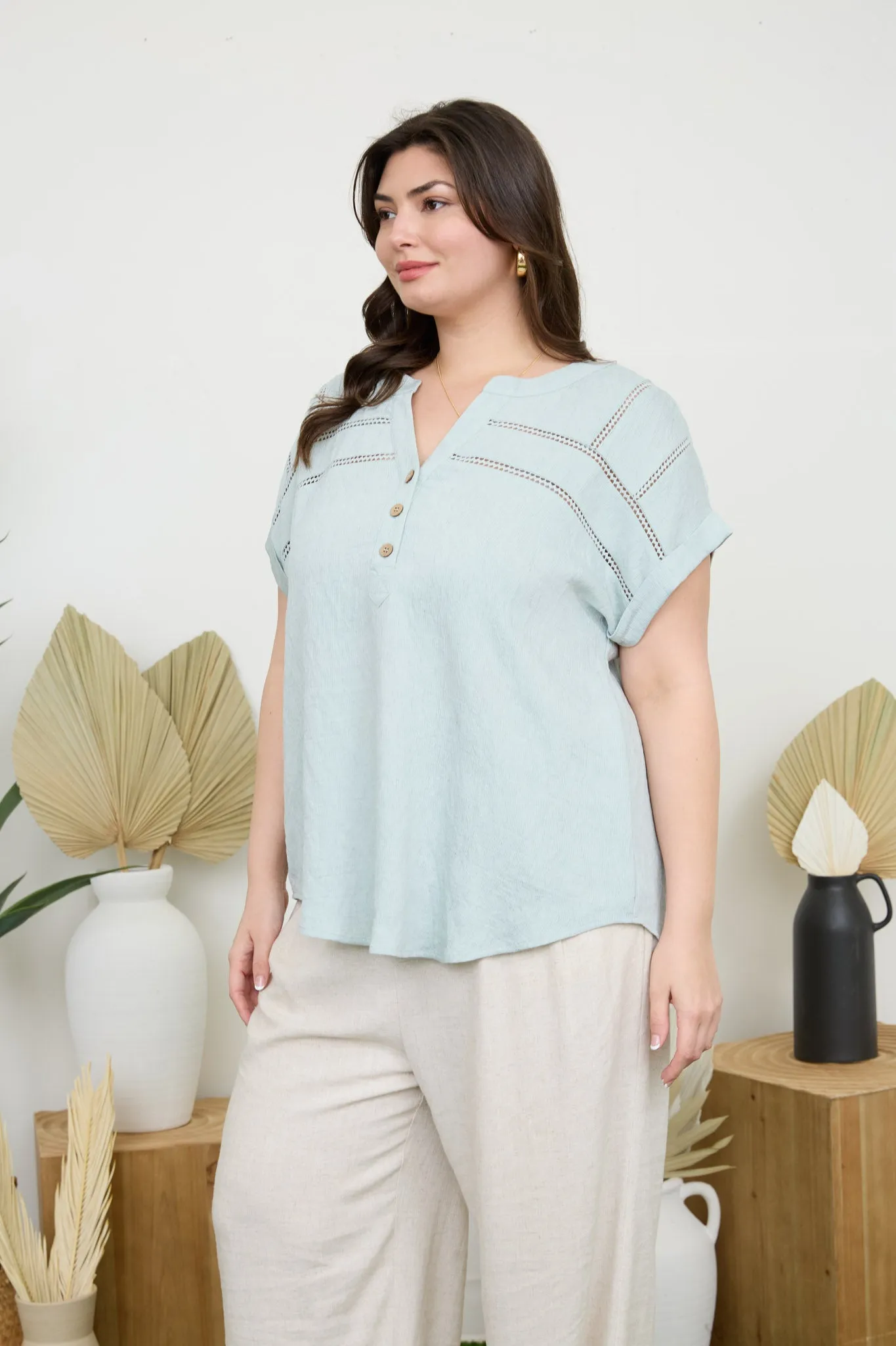 PLUS CROCHET LACE TRIM SHORT SLEEVE HENLEY BLOUSE sold by Blu Pepper product image thumbnail 3