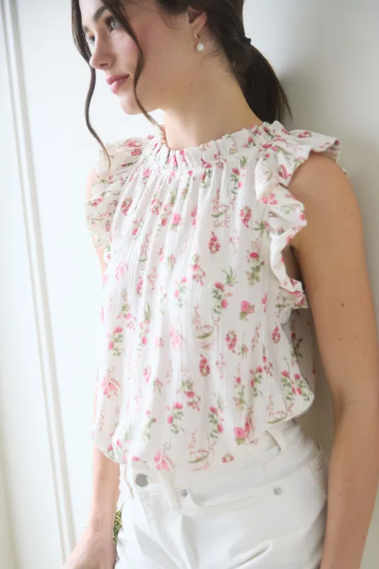 FLORAL RUFFLE DETAIL SLEEVELESS TOP sold by Blu Pepper