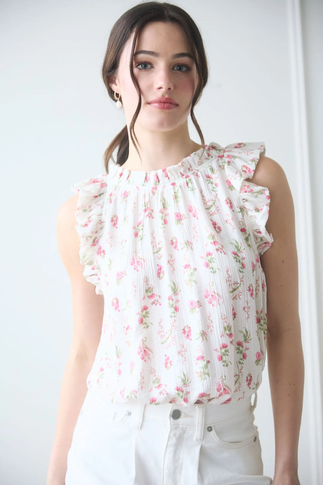 FLORAL RUFFLE DETAIL SLEEVELESS TOP sold by Blu Pepper product image thumbnail 4