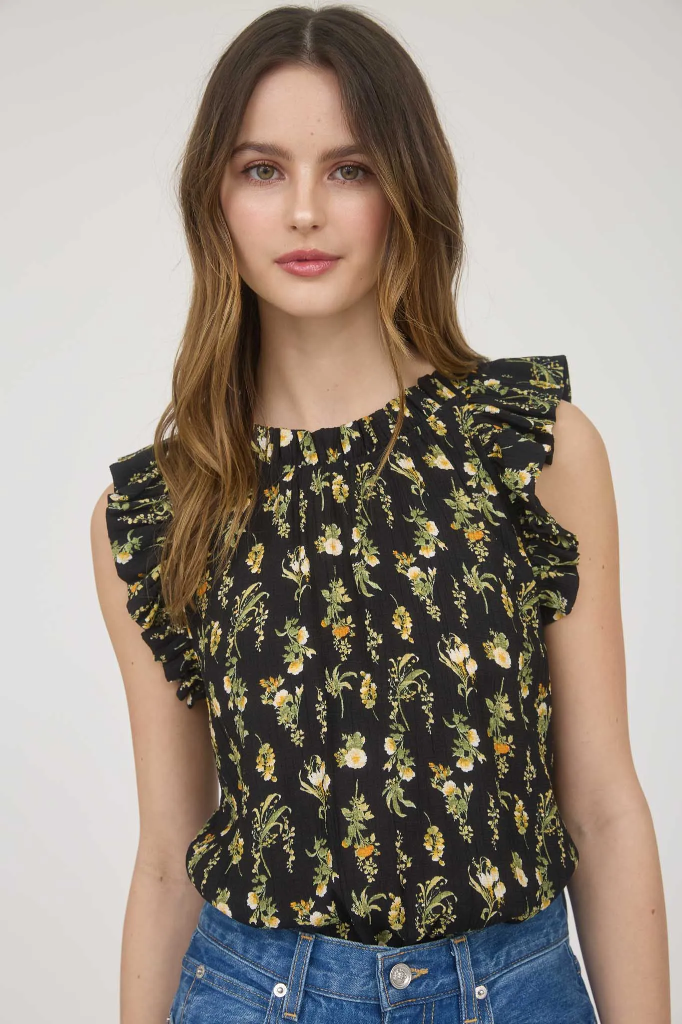 FLORAL RUFFLE DETAIL SLEEVELESS TOP sold by Blu Pepper product image thumbnail 5