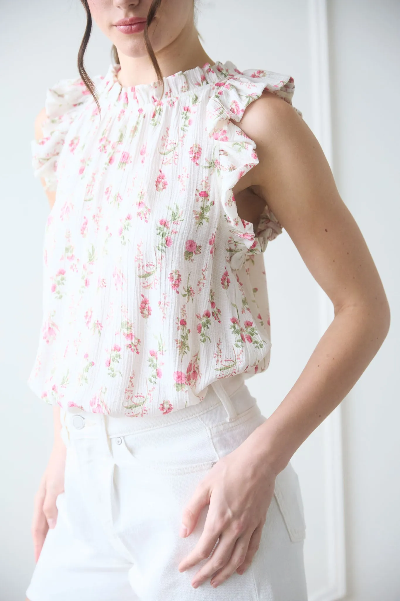 FLORAL RUFFLE DETAIL SLEEVELESS TOP sold by Blu Pepper product image thumbnail 3
