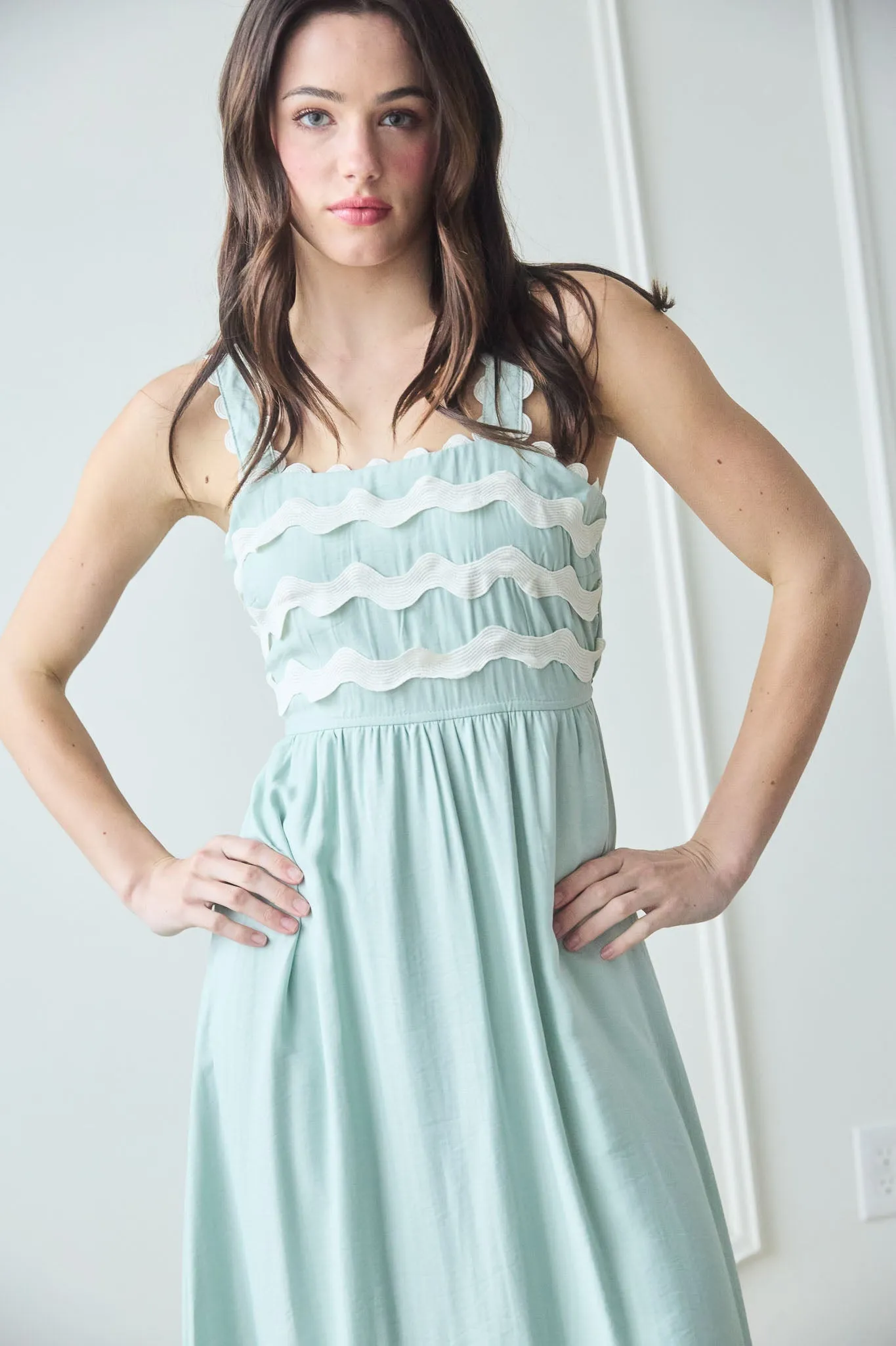 WAVY DETAIL SCALLOP STRAP SLEEVELESS MIDI DRESS sold by Blu Pepper