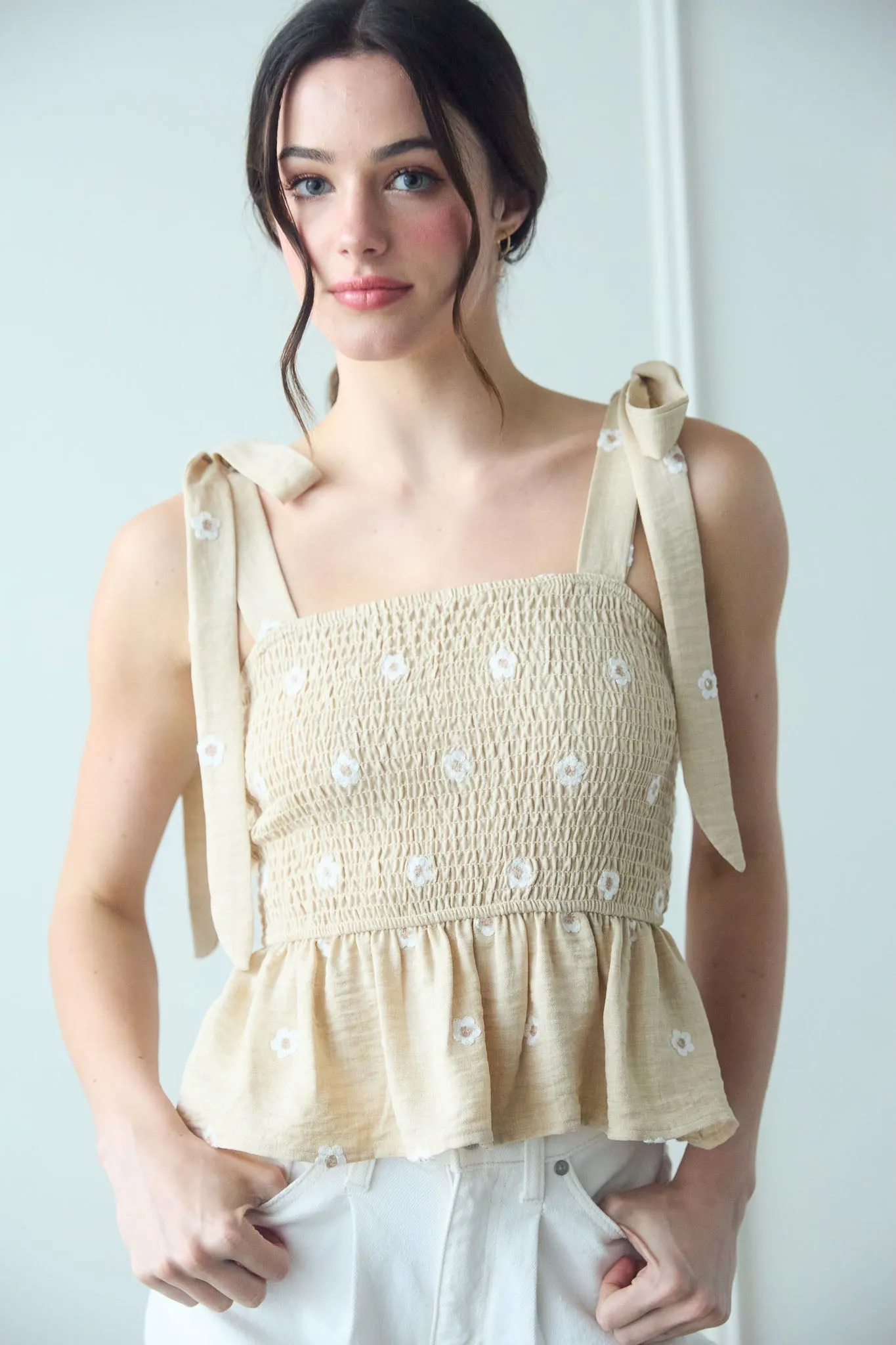 DAISY EMBROIDERY SMOCKED TIE STRAP TOP sold by Blu Pepper product image thumbnail 4