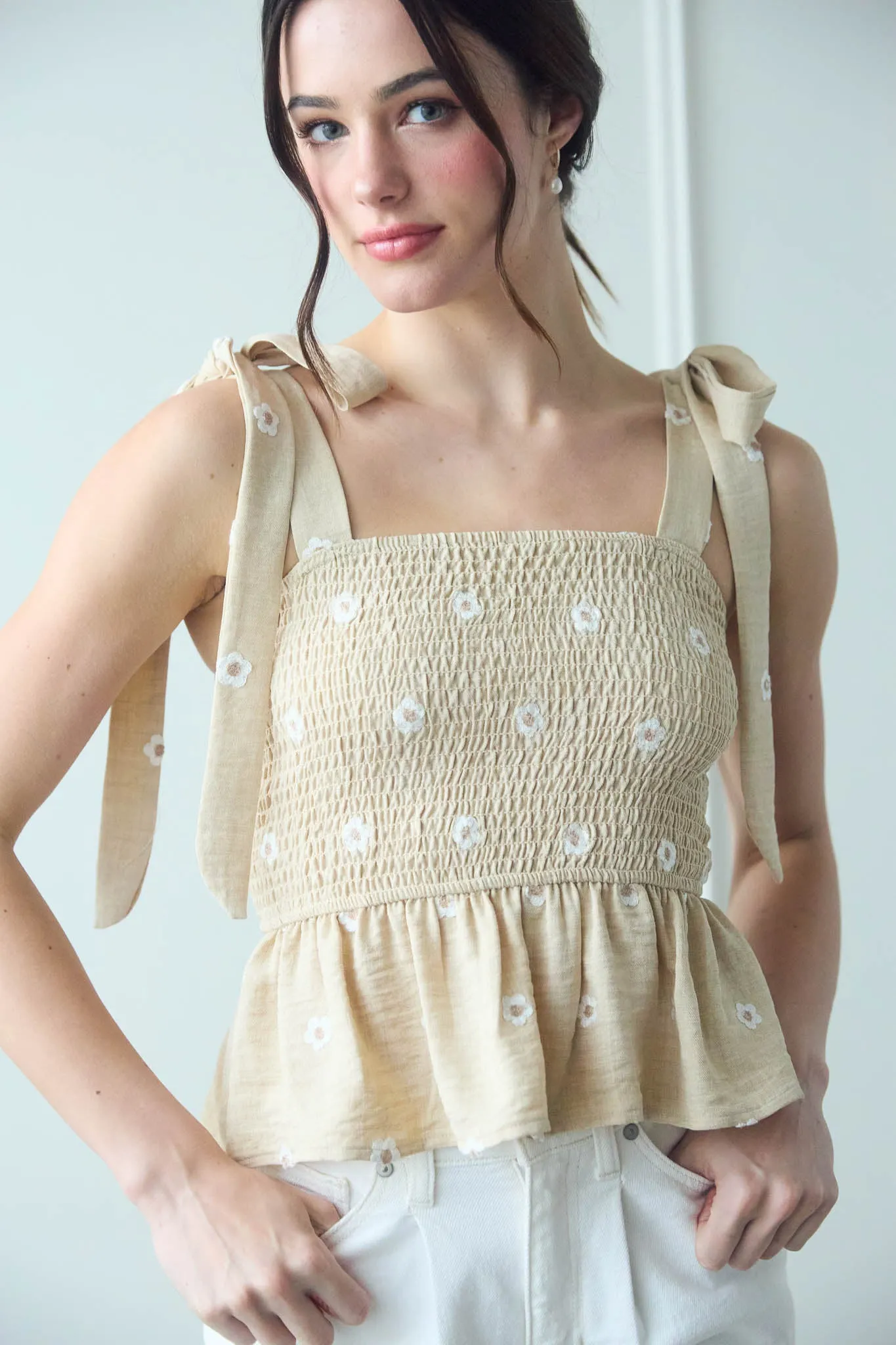 DAISY EMBROIDERY SMOCKED TIE STRAP TOP sold by Blu Pepper product image thumbnail 5