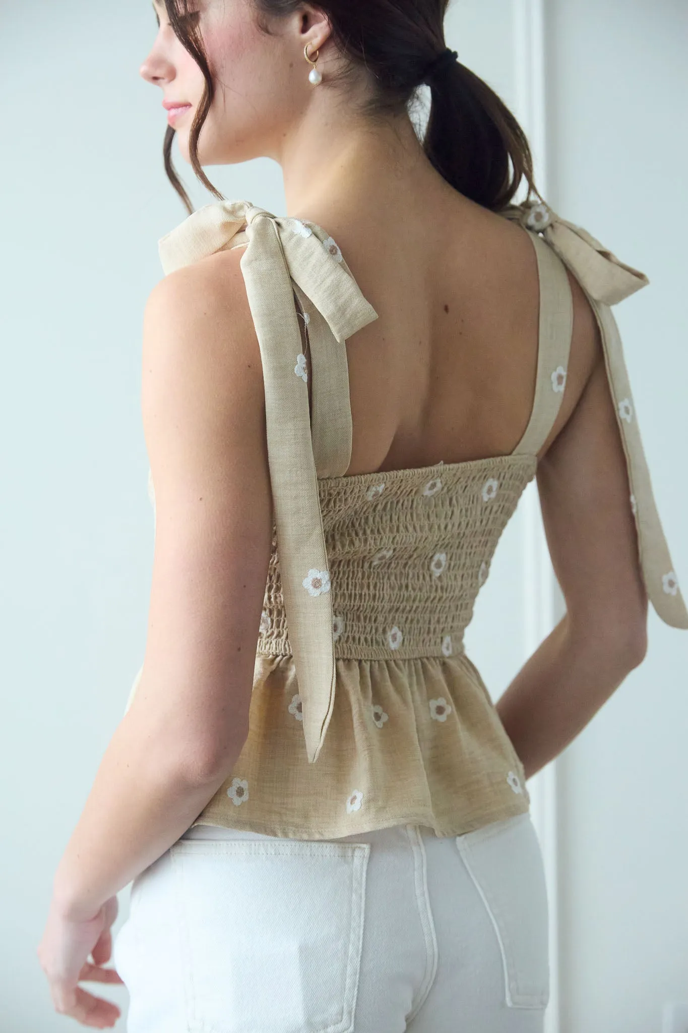DAISY EMBROIDERY SMOCKED TIE STRAP TOP sold by Blu Pepper product image thumbnail 2