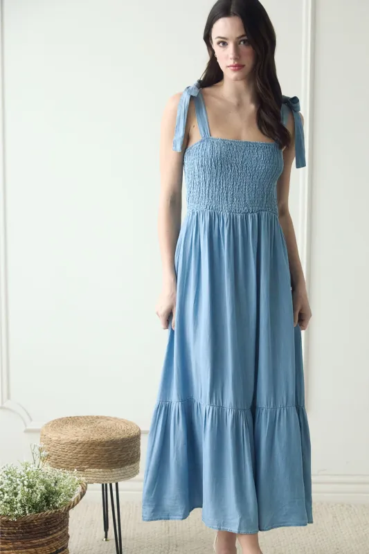 CHAMBRAY SMOCKED TIE STRAP MAXI DRESS sold by Blu Pepper