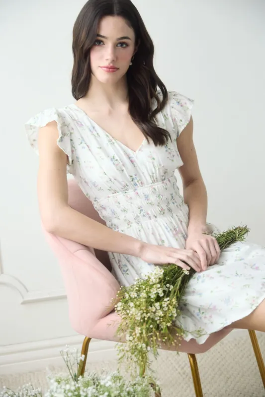 FLORAL V NECK SHORT SLEEVE SHIRRED WAIST MINI DRESS sold by Blu Pepper