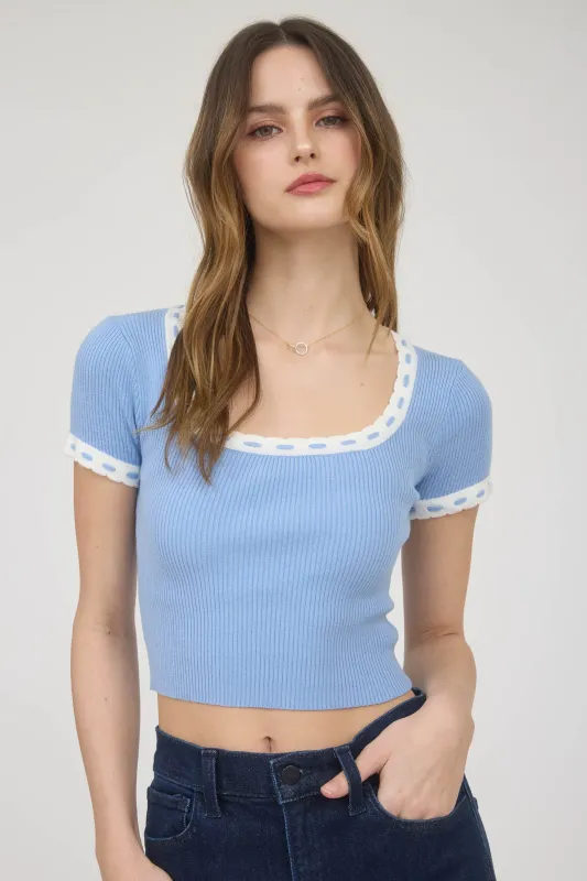 CONTRAST TRIM SHORT SLEEVE SWEATER KNIT CROP TOP sold by Blu Pepper