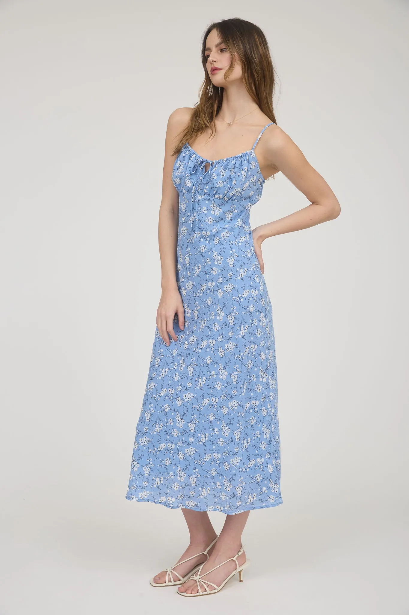 FLORAL SPAGHETTI STRAP FRONT TIE MIDI DRESS sold by Blu Pepper product image thumbnail 3