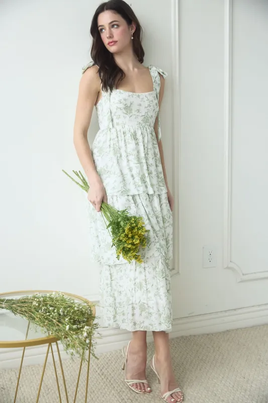 FLORAL TIE STRAP RUFFLE TIERED MIDI DRESS sold by Blu Pepper