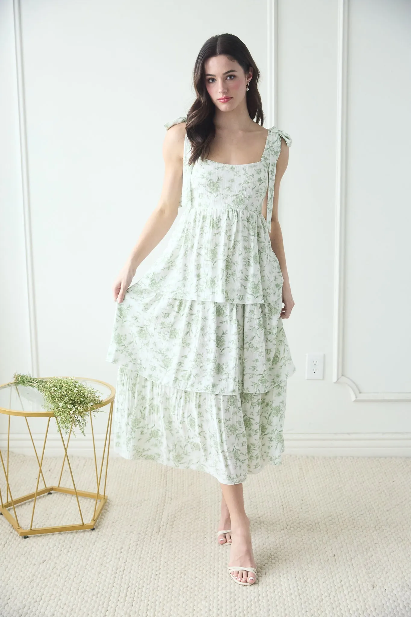 FLORAL TIE STRAP RUFFLE TIERED MIDI DRESS sold by Blu Pepper product image thumbnail 5