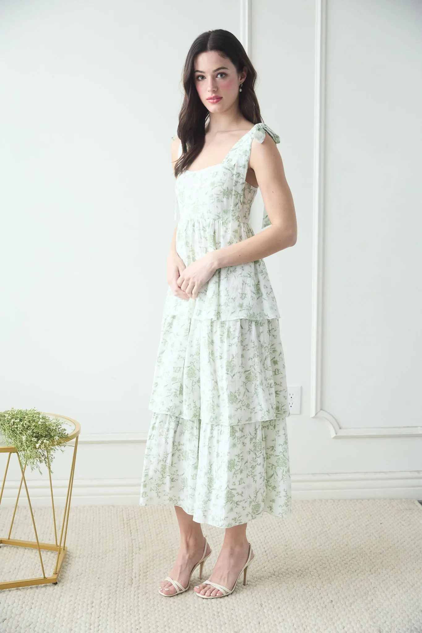 FLORAL TIE STRAP RUFFLE TIERED MIDI DRESS sold by Blu Pepper product image thumbnail 3