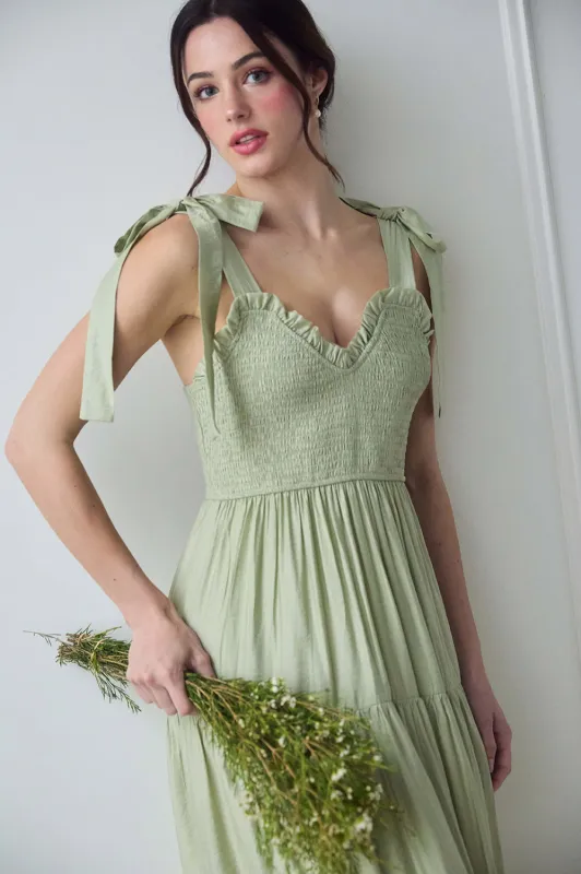 SWEETHEART NECK TIE STRAP SMOCKED TIERED MAXI DRES sold by Blu Pepper