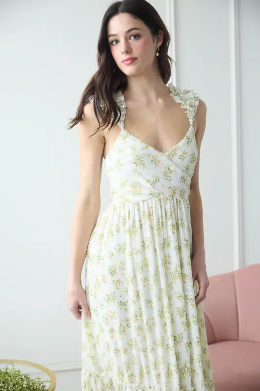 FLORAL WRAP RUFFLE DETAIL SLEEVELESS MAXI DRESS sold by Blu Pepper