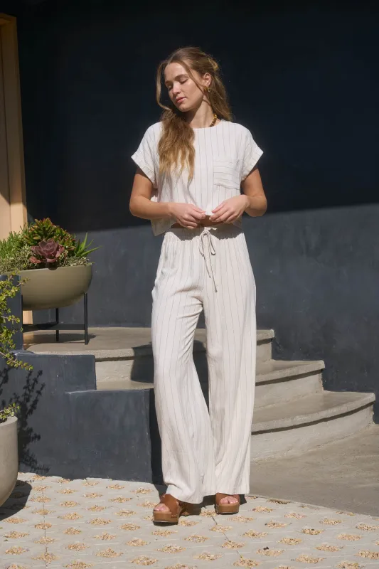 DRAWSTRING PINSTRIPE WIDE LEG LINEN PANTS sold by Blu Pepper