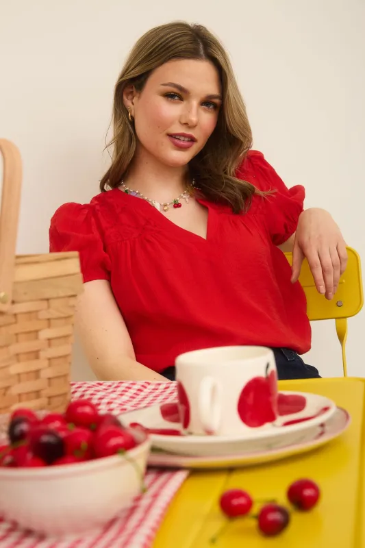 EMBROIDERY EYELET YOKE DETAIL PUFF SLEEVE TOP sold by Blu Pepper