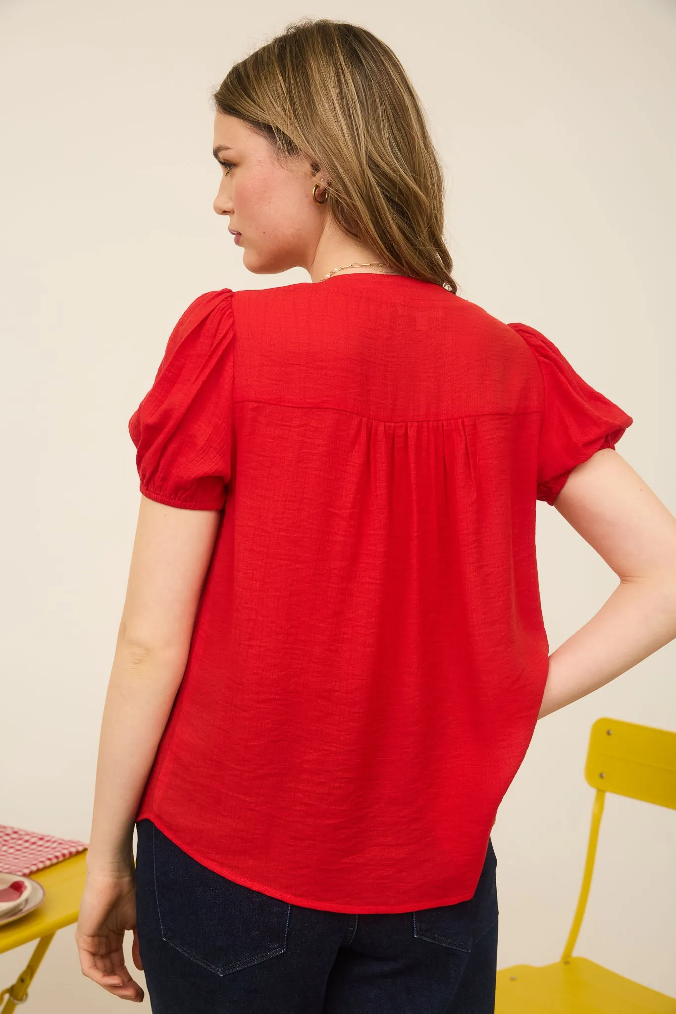 EMBROIDERY EYELET YOKE DETAIL PUFF SLEEVE TOP sold by Blu Pepper product image thumbnail 2