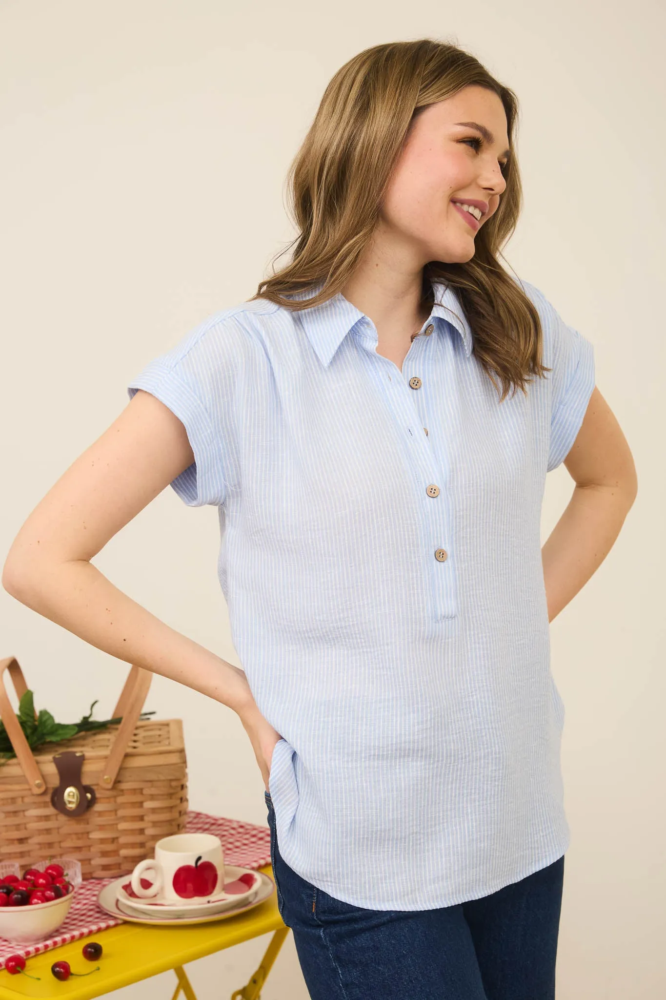 STRIPE HALF BUTTON COLLARED SHORT SLEEVE SHIRT sold by Blu Pepper product image thumbnail 3