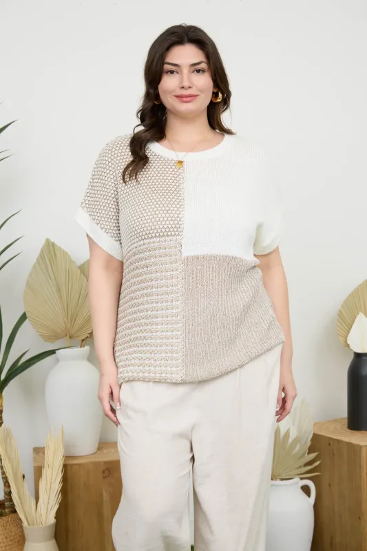 PLUS MULTI PATTERN COLORBLOCK SHORT SLEEVE SWEATER sold by Blu Pepper