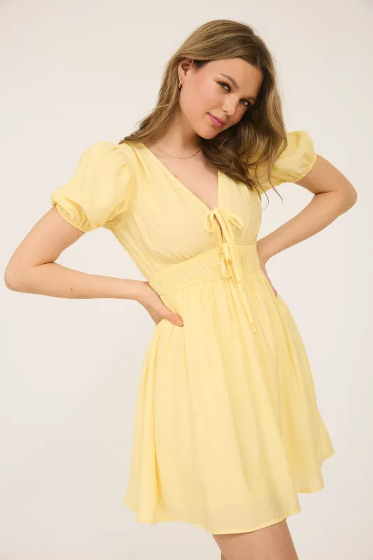 DEEP V FRONT TIE PUFF SLEEVE MINI DRESS sold by Blu Pepper