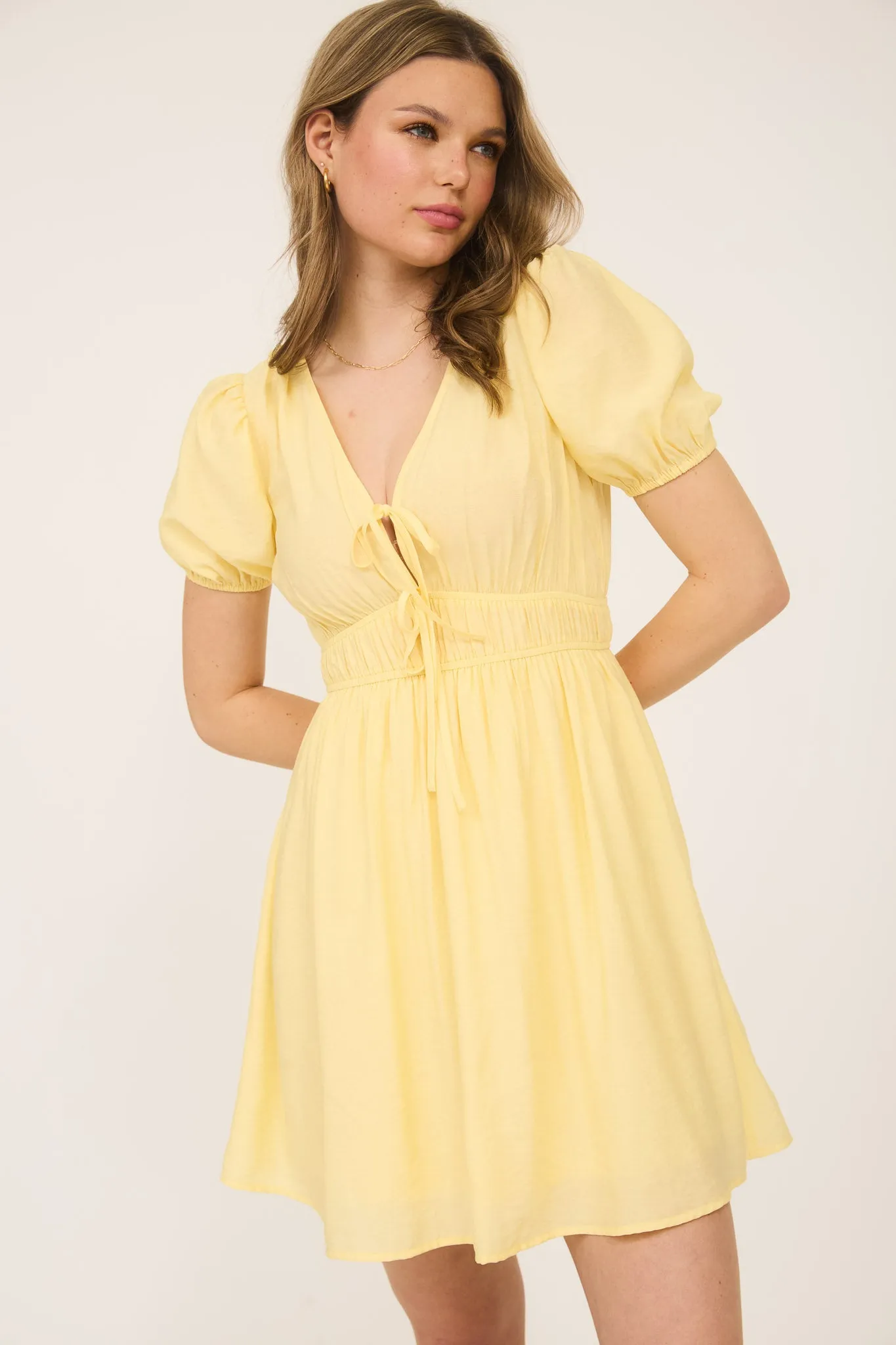 DEEP V FRONT TIE PUFF SLEEVE MINI DRESS sold by Blu Pepper product image thumbnail 5