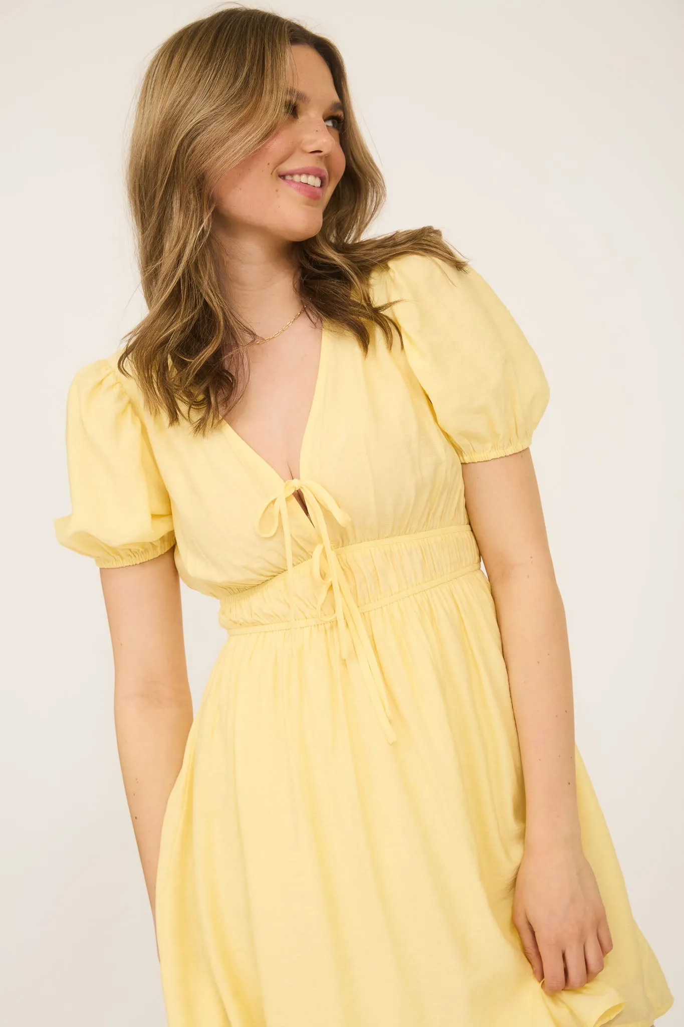 DEEP V FRONT TIE PUFF SLEEVE MINI DRESS sold by Blu Pepper product image thumbnail 3