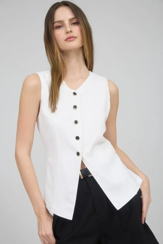 BUTTON DOWN LONG LINE LINEN VEST sold by Blu Pepper