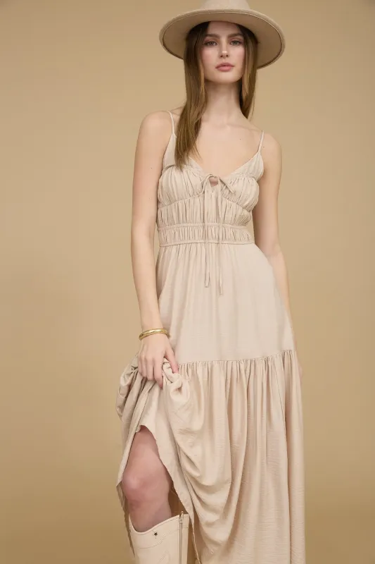 SHIRRED FRONT TIE SLEEVELESS MIDI DRESS sold by Blu Pepper