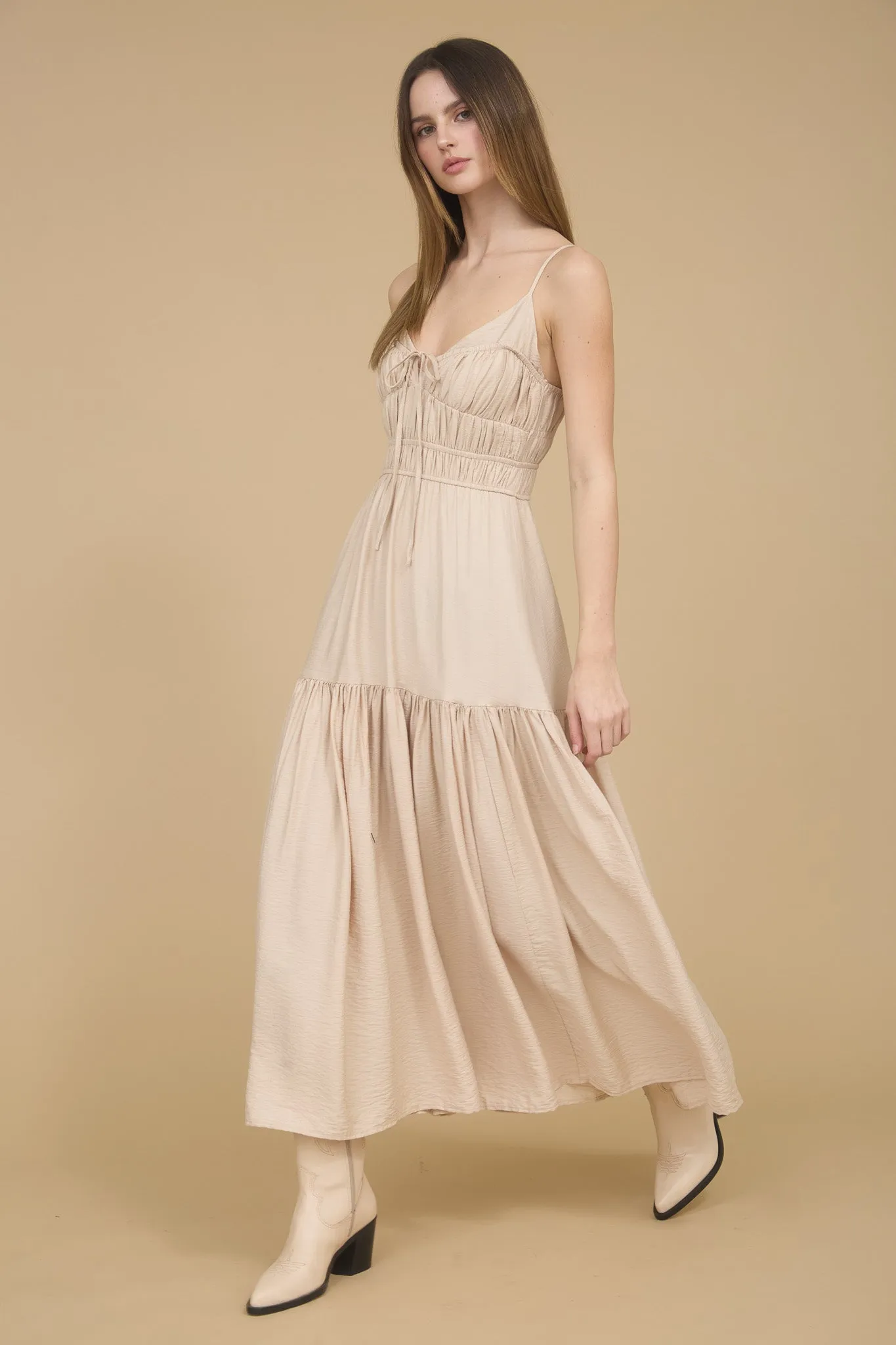 SHIRRED FRONT TIE SLEEVELESS MIDI DRESS sold by Blu Pepper product image thumbnail 3