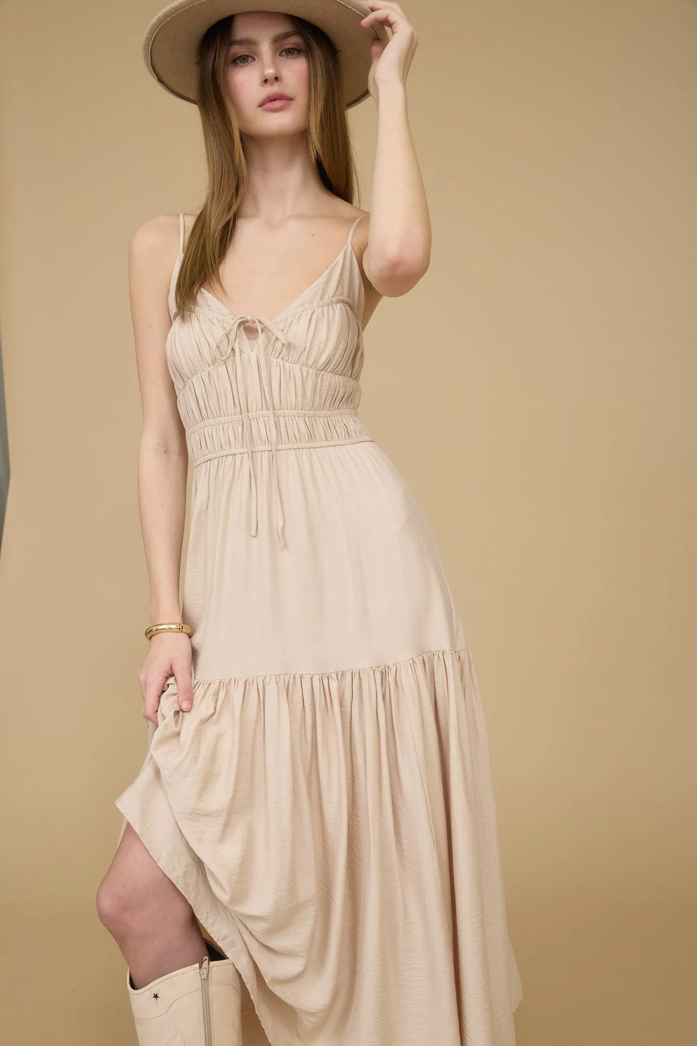 SHIRRED FRONT TIE SLEEVELESS MIDI DRESS sold by Blu Pepper product image thumbnail 4