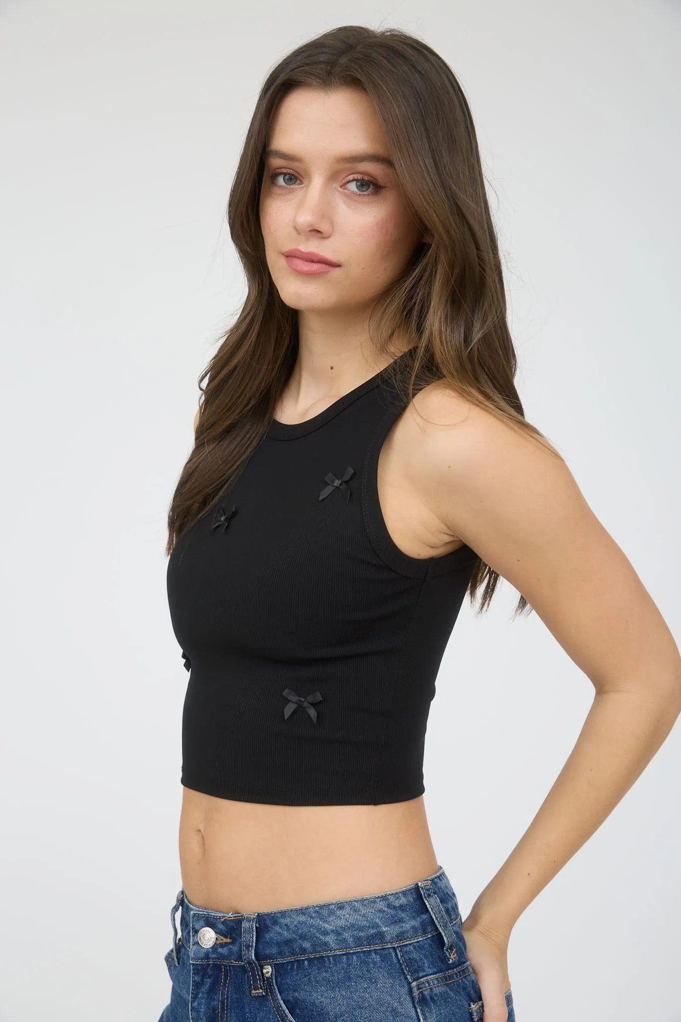 BOW DETAIL ROUND NECK SLEEVELESS KNIT TANK TOP sold by Blu Pepper product image thumbnail 5