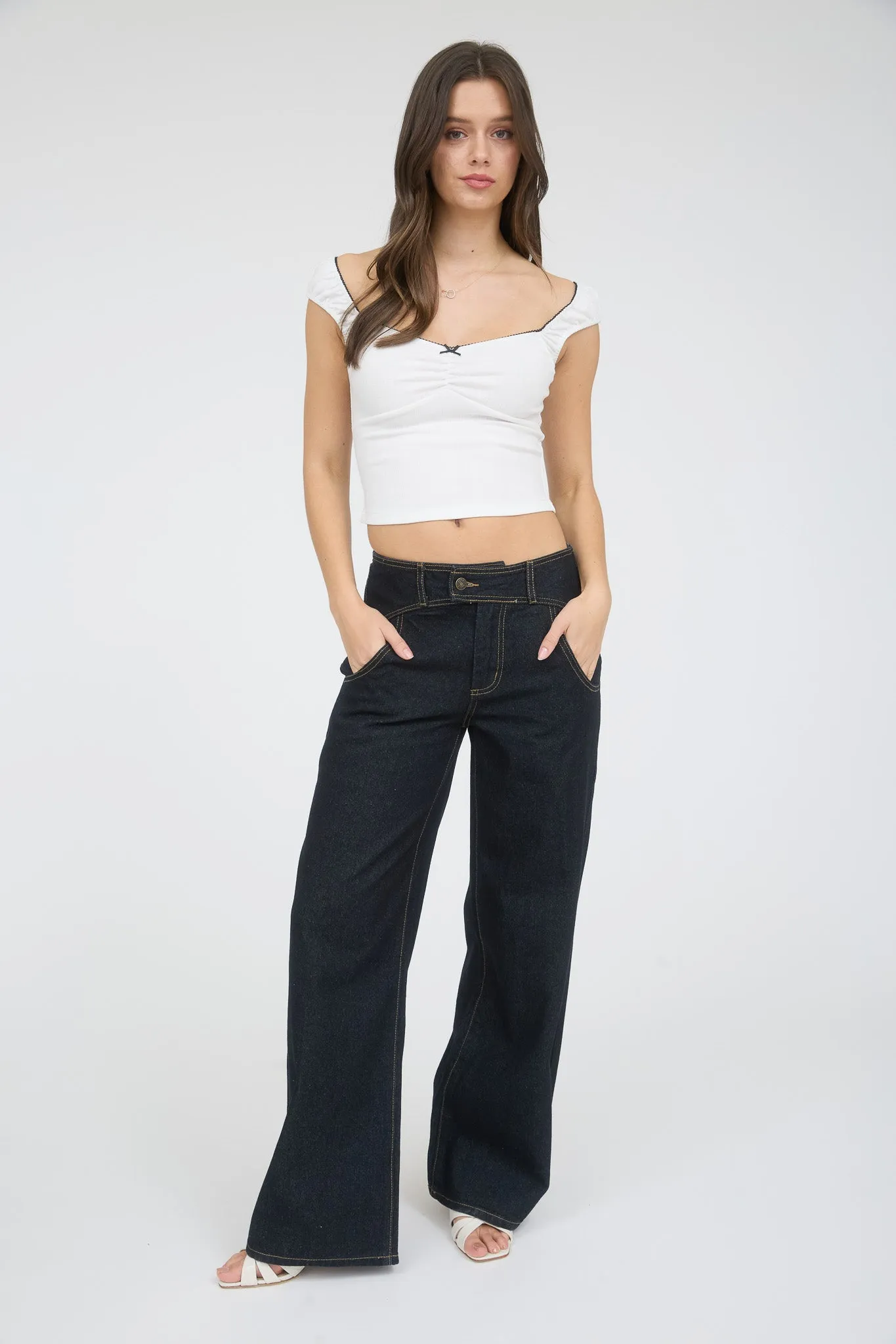 CONTRAST BOW DETAIL RUCHED FRONT KNIT CROP TOP sold by Blu Pepper