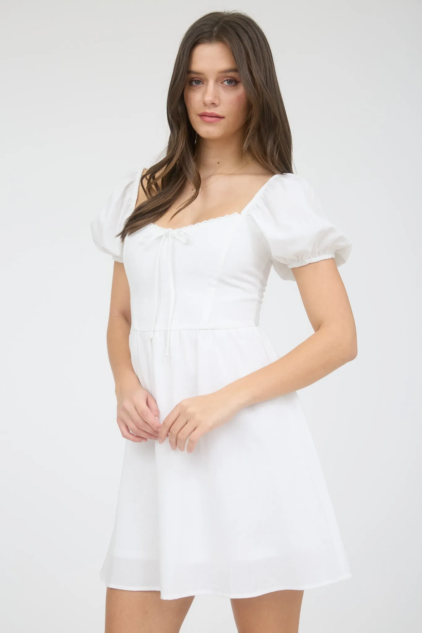 PUFF SLEEVE LACE TRIM FRONT TIE MINI DRESS sold by Blu Pepper product image thumbnail 4