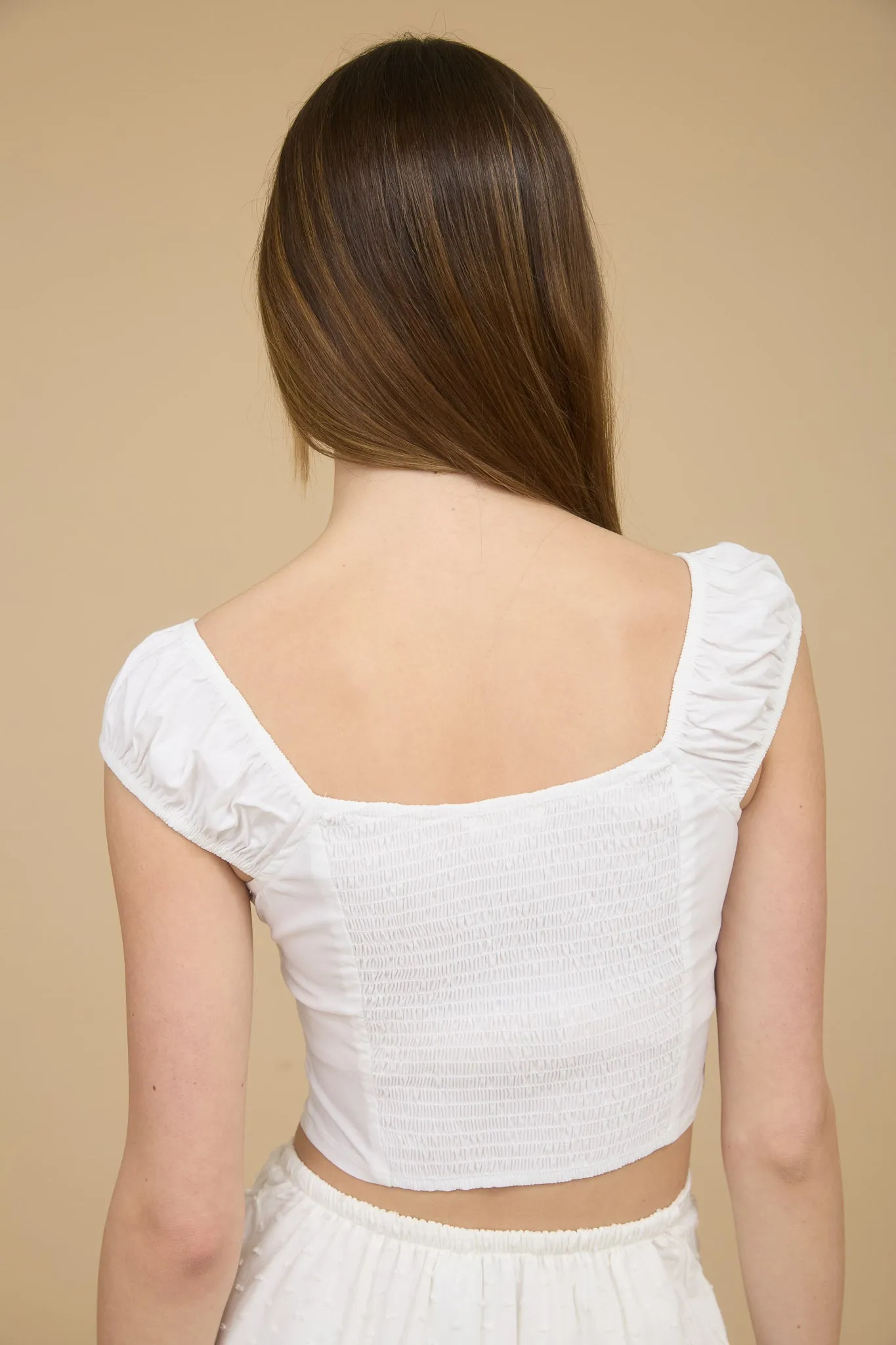 LACE TRIM RIBBON DETAIL RUCHED SLEEVE CROP TOP sold by Blu Pepper product image thumbnail 4