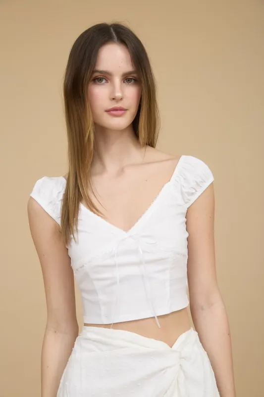 LACE TRIM RIBBON DETAIL RUCHED SLEEVE CROP TOP sold by Blu Pepper