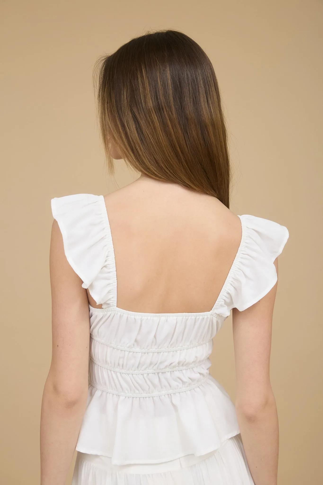 RUFFLE TRIM FRONT TIE SHIRRED WAIST BLOUSE sold by Blu Pepper product image thumbnail 2