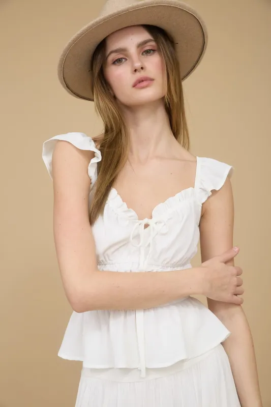 RUFFLE TRIM FRONT TIE SHIRRED WAIST BLOUSE made by mine