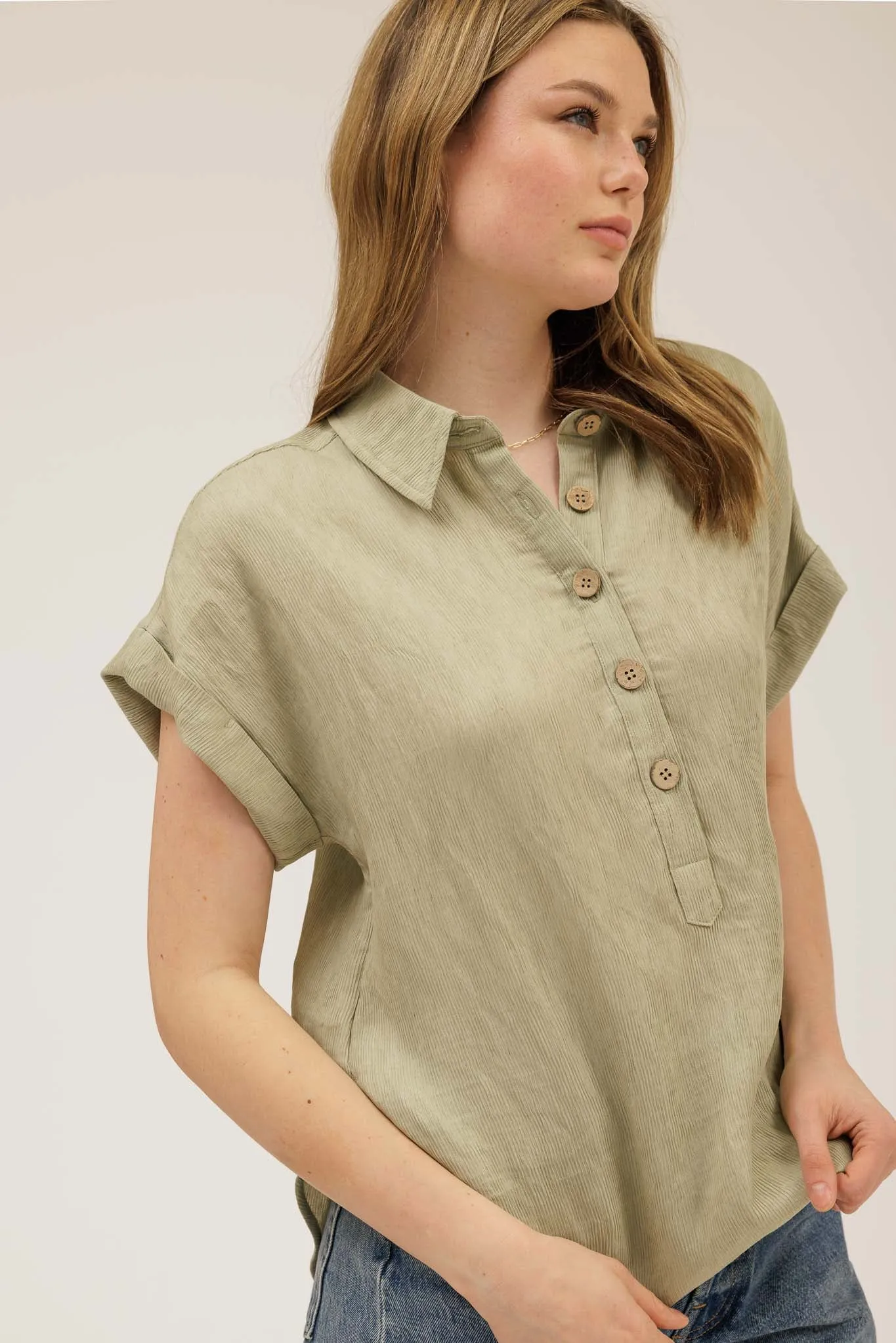 CUFF SLEEVE COLLARED HALF BUTTON LINEN SHIRT sold by Blu Pepper product image thumbnail 3
