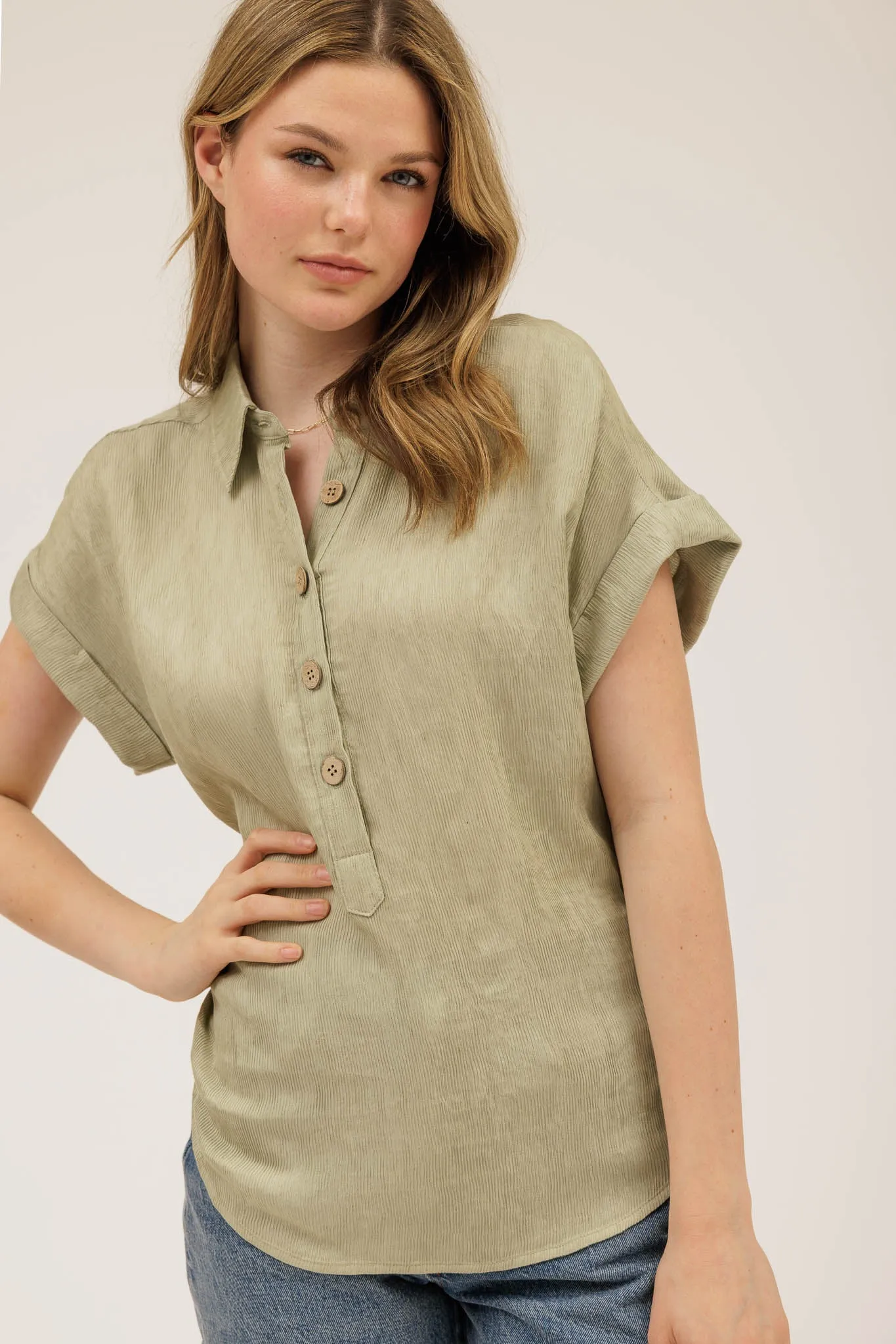 CUFF SLEEVE COLLARED HALF BUTTON LINEN SHIRT sold by Blu Pepper