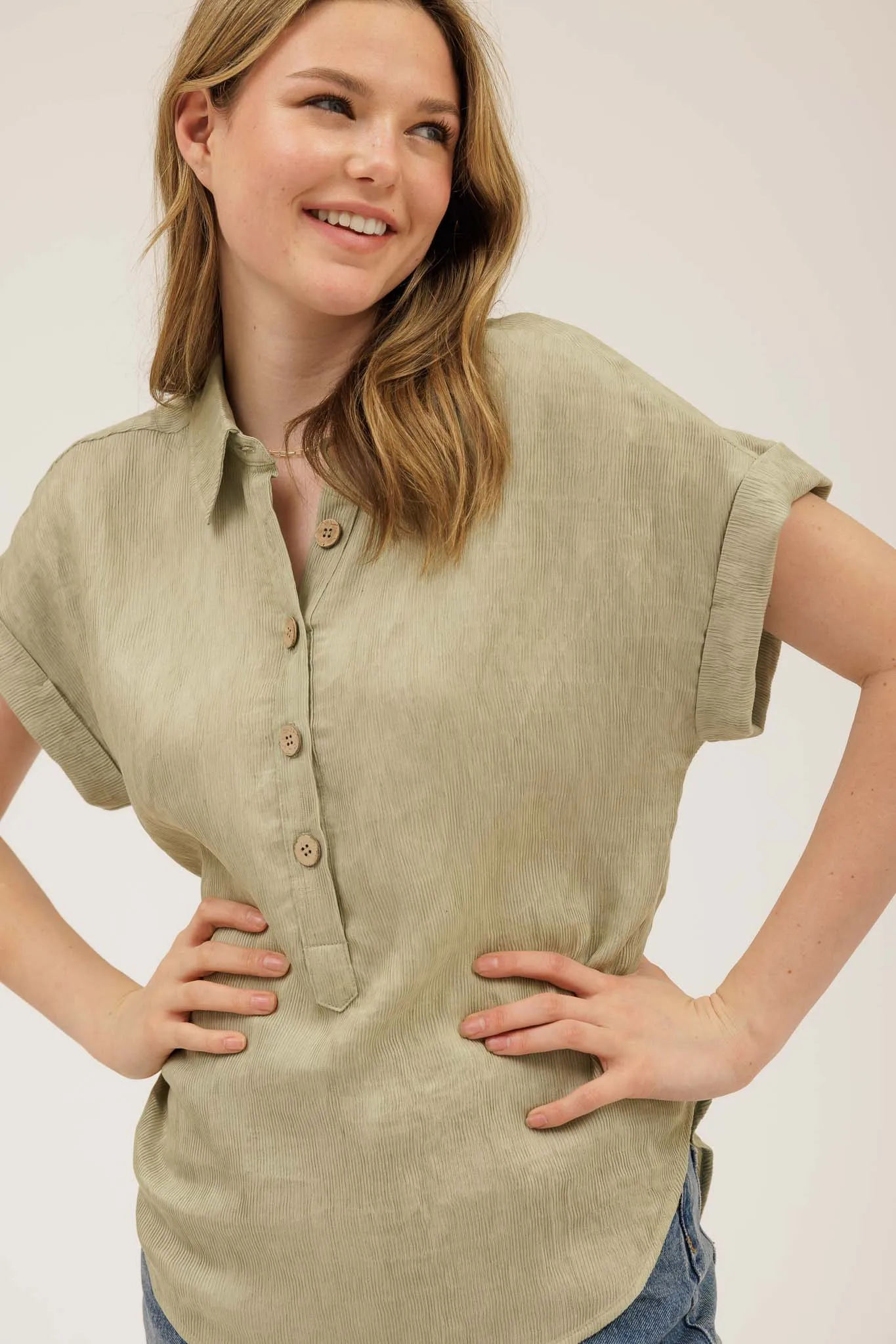 CUFF SLEEVE COLLARED HALF BUTTON LINEN SHIRT sold by Blu Pepper product image thumbnail 4