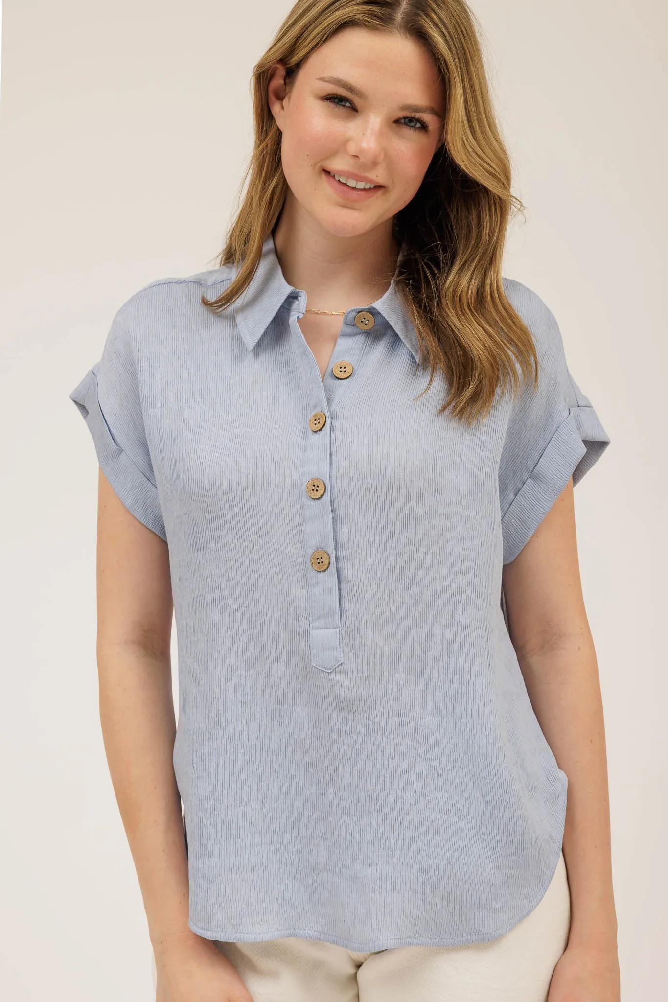 CUFF SLEEVE COLLARED HALF BUTTON LINEN SHIRT sold by Blu Pepper product image thumbnail 5