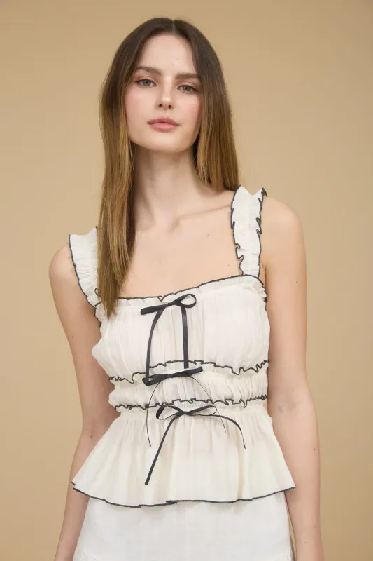 CONTRAST TRIM RUCHED BOW DETAIL SLEEVELESS BLOUSE sold by Blu Pepper