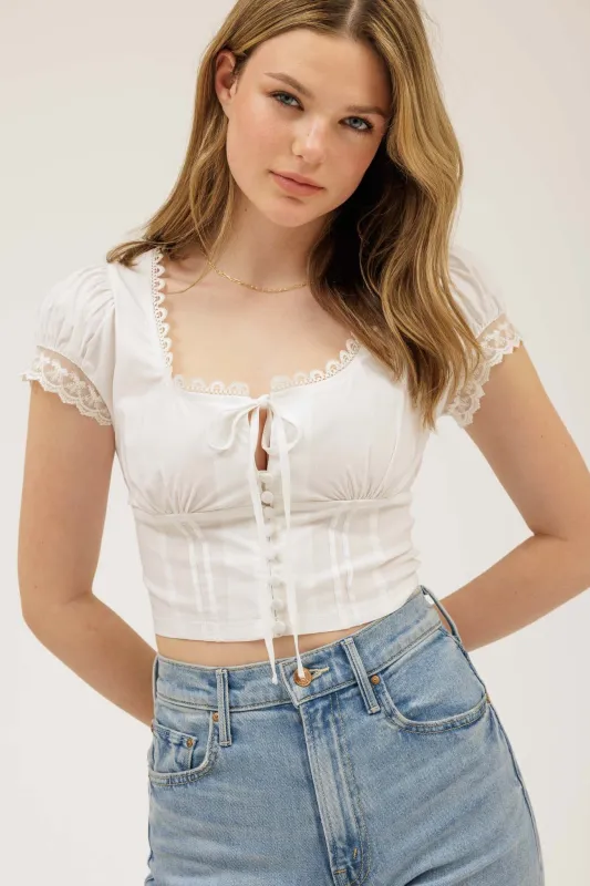 LACE TRIM BUTTON DOWN FRONT TIE CROP TOP sold by Blu Pepper